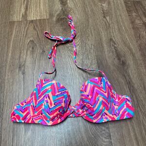 Aerie Womens Blakey Underwire Halter Bikini Bra Top Size 34A Geo Patterned Neon